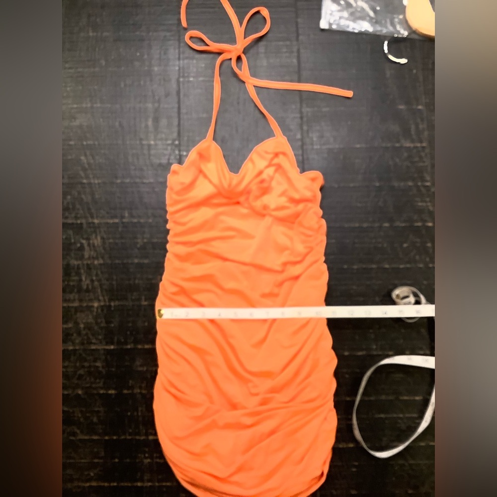 Orange Ruched Halter Mesh Dress - Picture 5 of 6